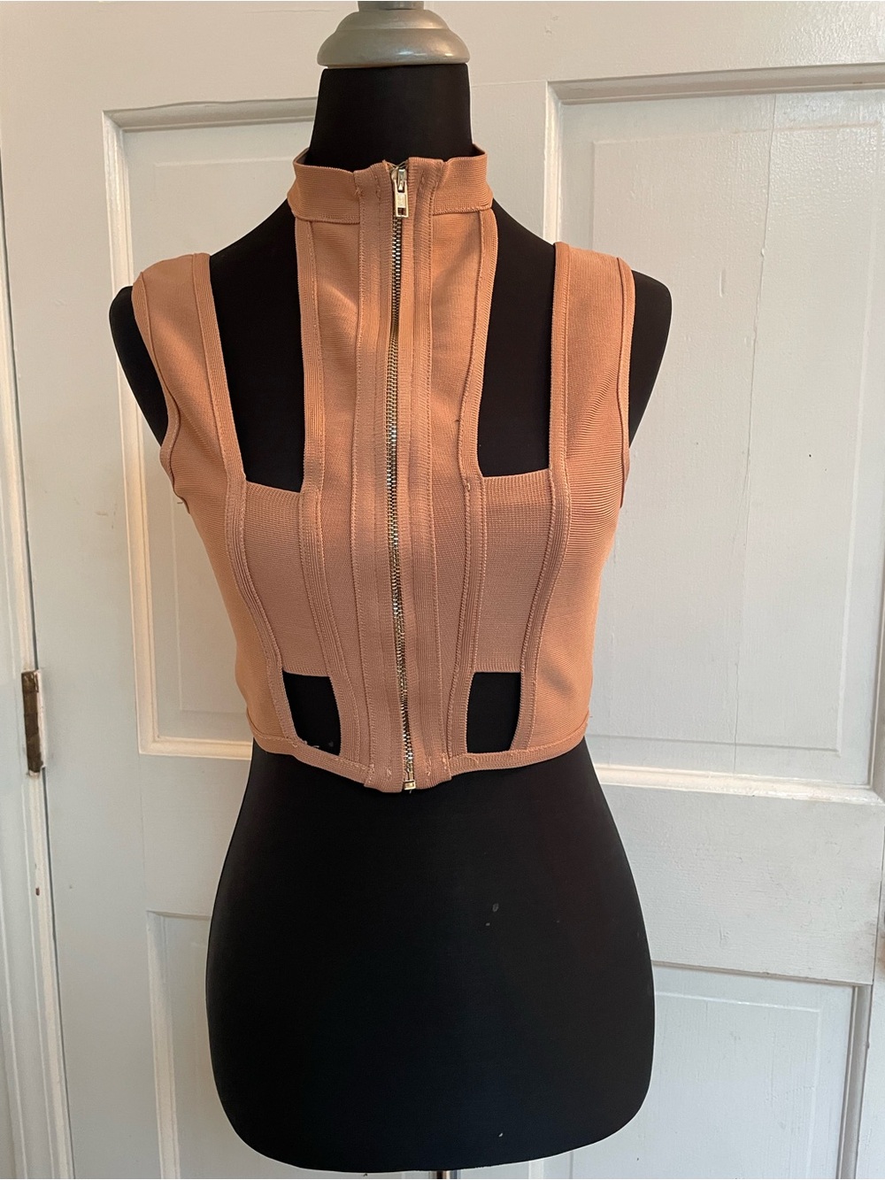 Windsor Tan Cutout Zip-Front Crop Top